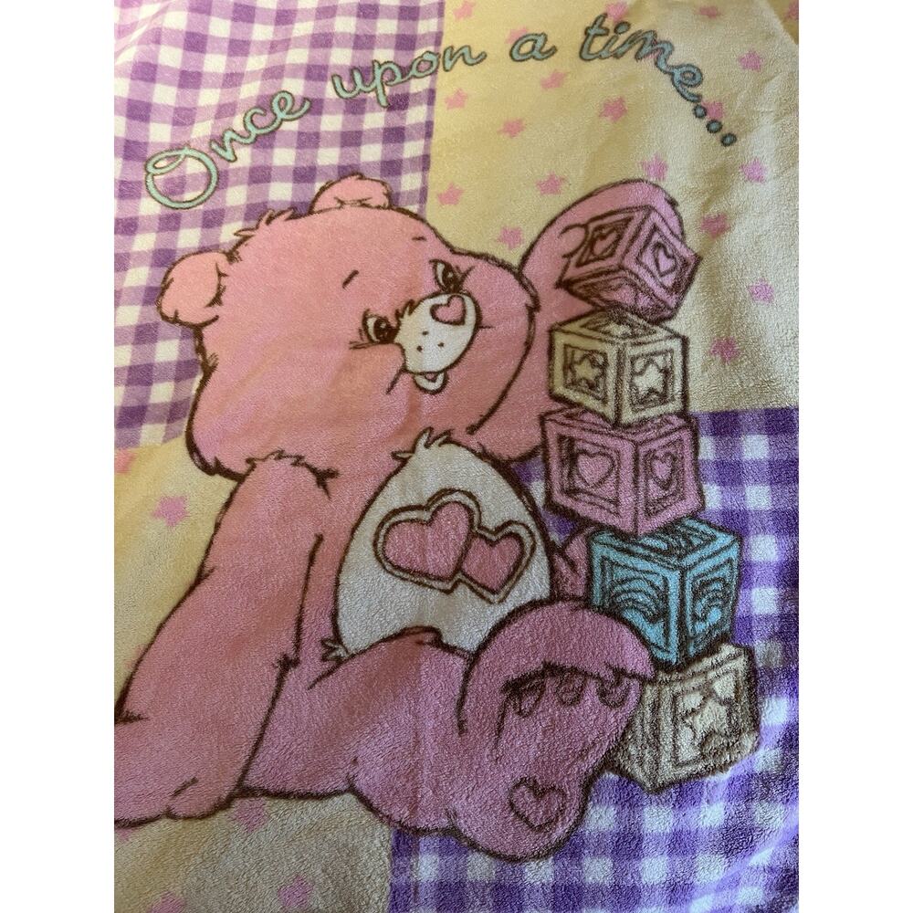 Care Bear Once Upon A Time Crib Blanket Nursery pink bear satin trim 2006